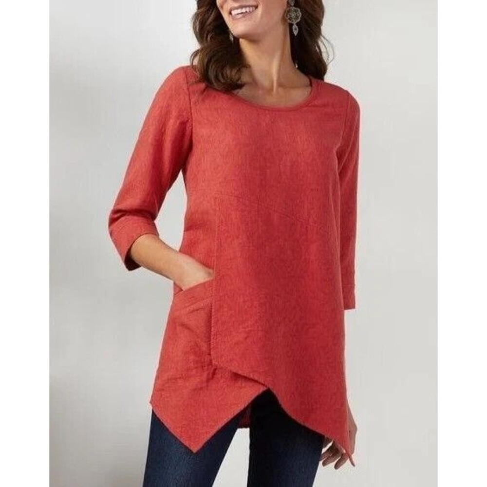 Soft Surroundings Rosabella Tunic Top L Jacquard Asymmetrical Red Lagenlook Art